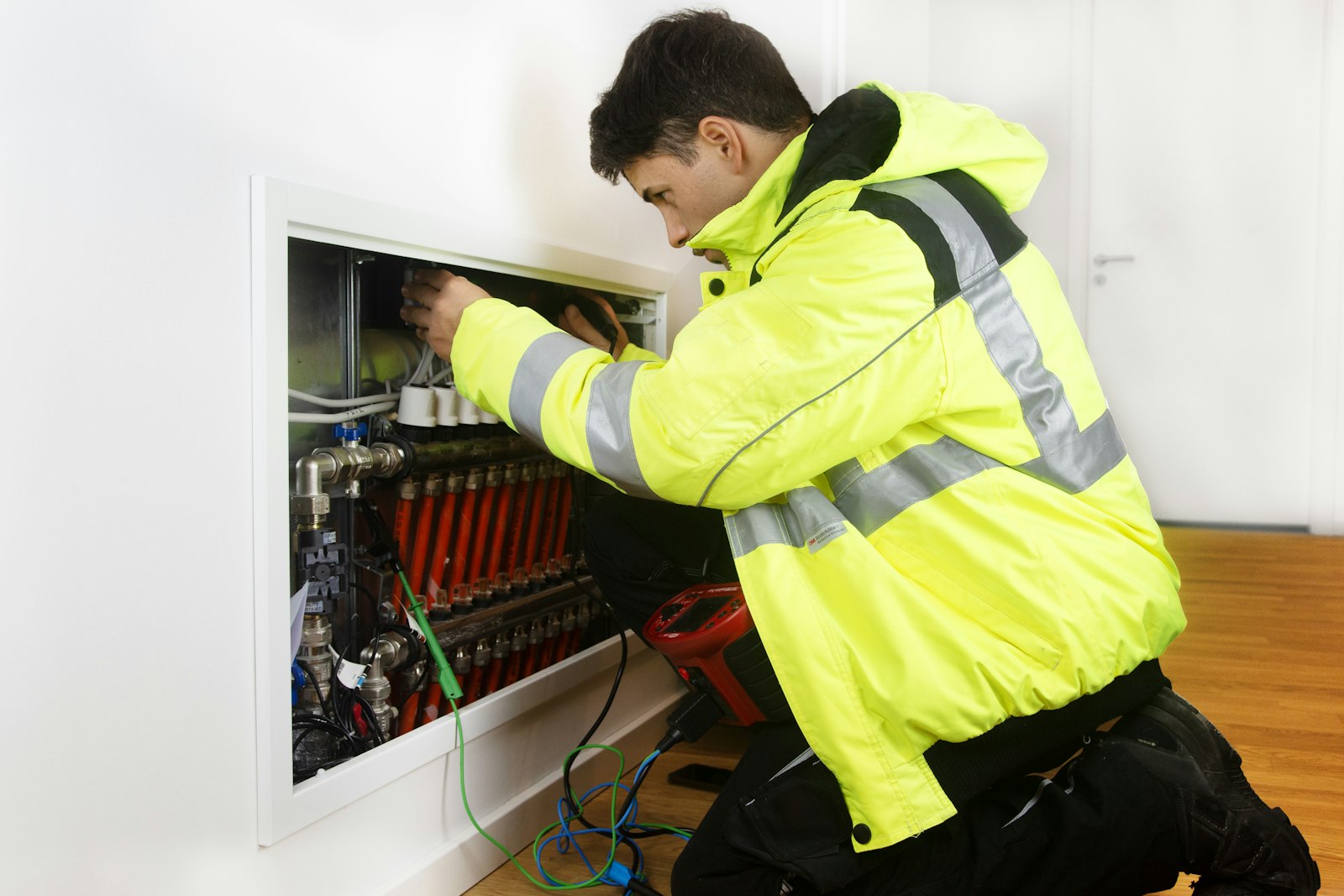A heating engineer in a high-visibility jacket testing an underfloor heating manifold